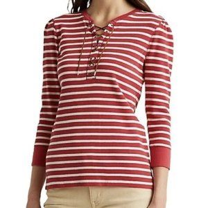 LAUREN RALPH LAUREN Striped Lace-Up Waffle-Knit Top Women's Small Red/Cream NWT